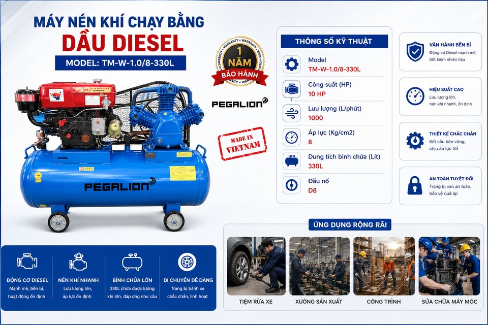 Máy nén khí Diesel Pegalion TM-W-1.0/8 - 330L