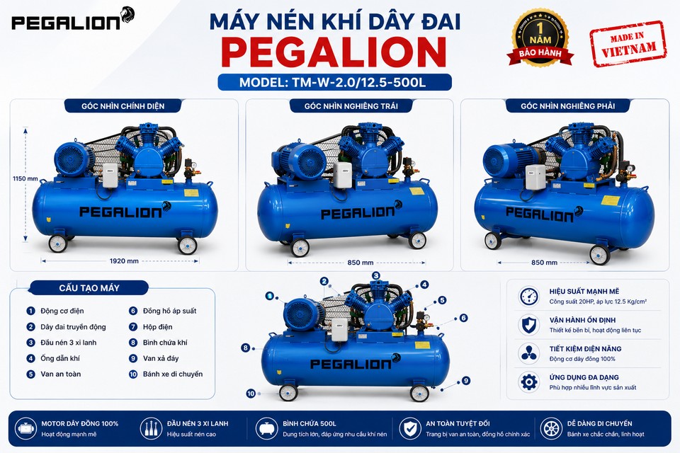 Máy nén khí Pegalion TM-W-2.0/12.5 - 500L